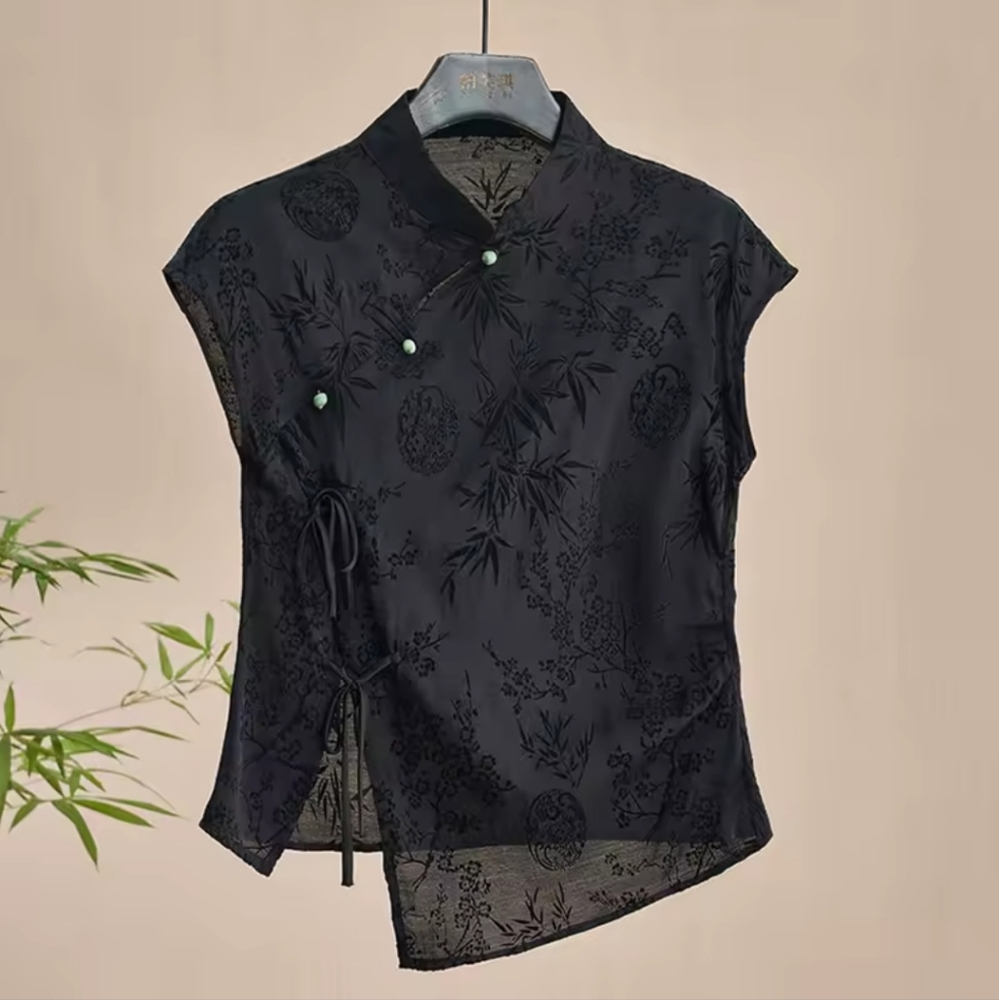 Retro Thin Shirt New Chinese Style Cheongsam TopBlack Jacquard Short Sleeve T-s - Picture 1 of 6